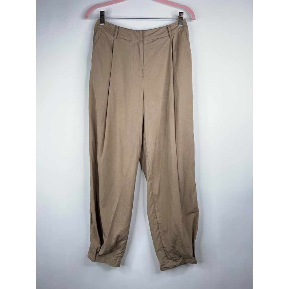 Lattelier Tan Pleated Pants Linen Cotton High Rise Relaxed Cropped Neutral Small